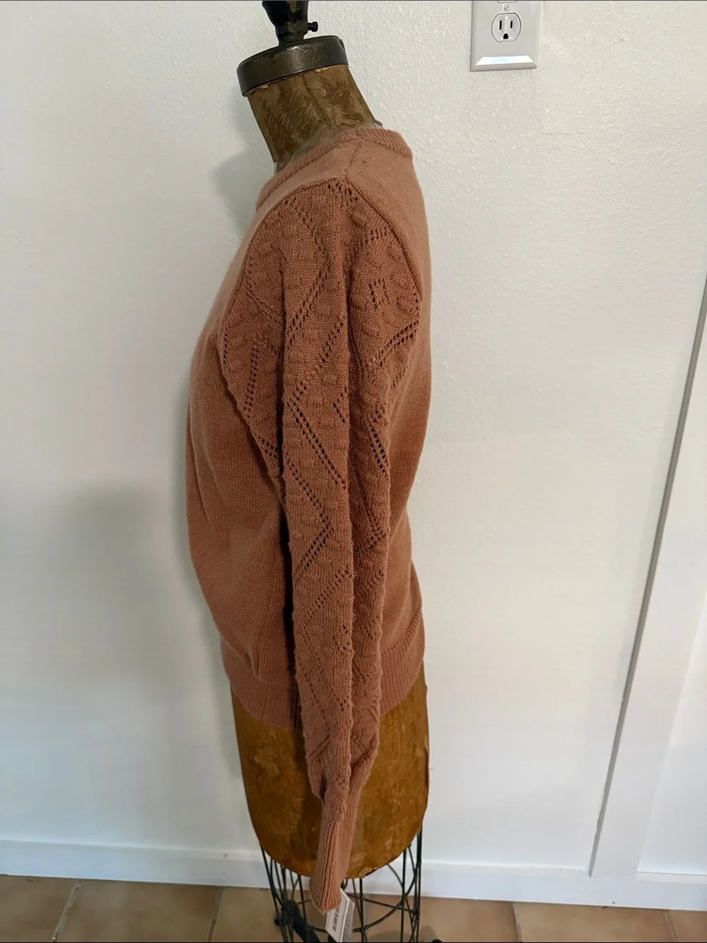 NWT Nanette Lepore Tan Pointelle Balloon-Sleeve Sweater - Size L & XL